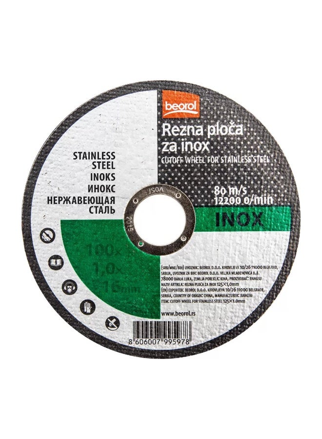 Beorol 125mm x 1.0mm Ultra-Thin Cut-Off Wheel for Stainless Steel (Inox), 5-Inch Abrasive Cutting Disc, 12200 RPM Max, 22.23mm Bore